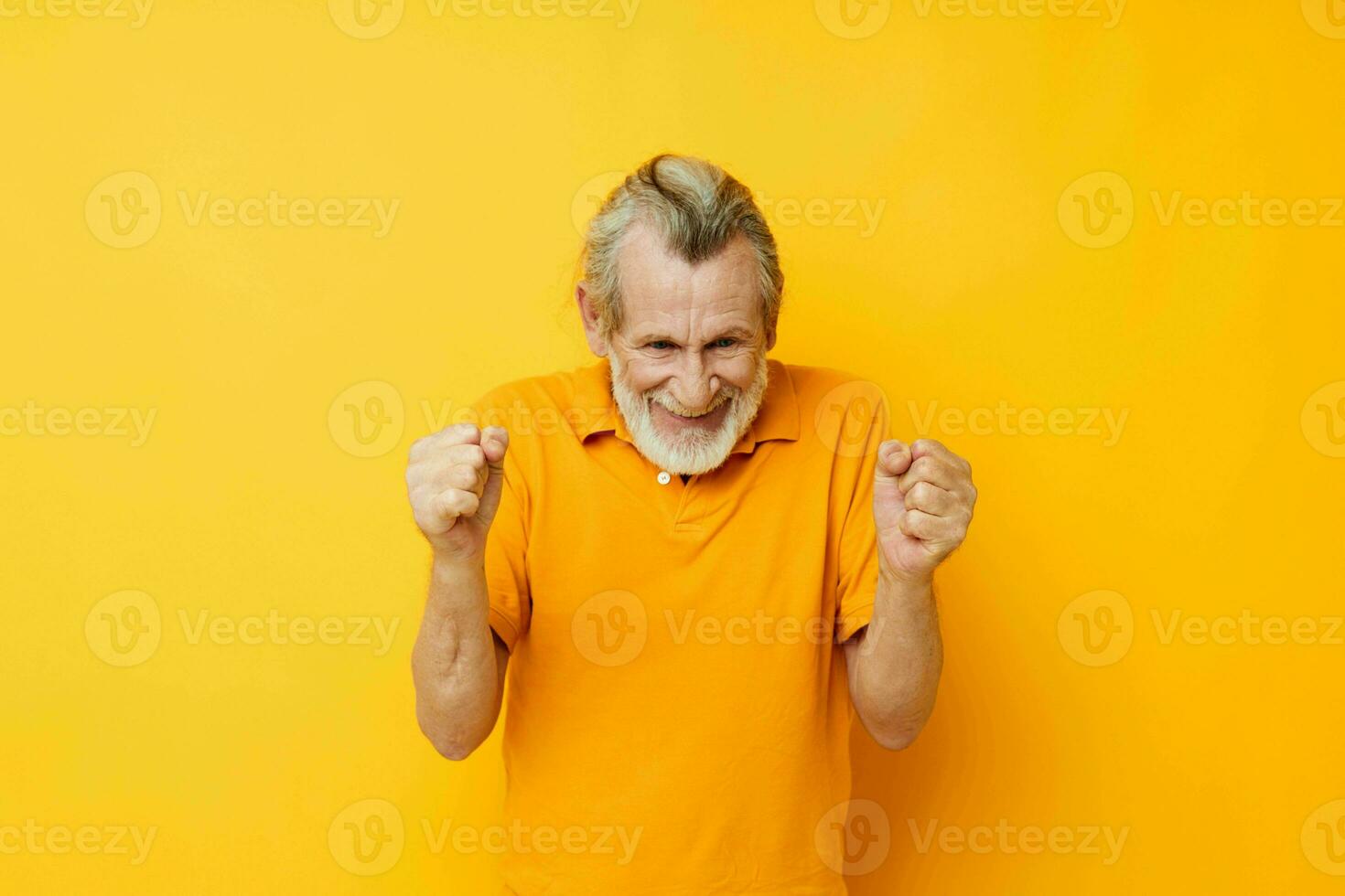 Portrait elderly man with a gray beard emotion gestures hands cropped view photo