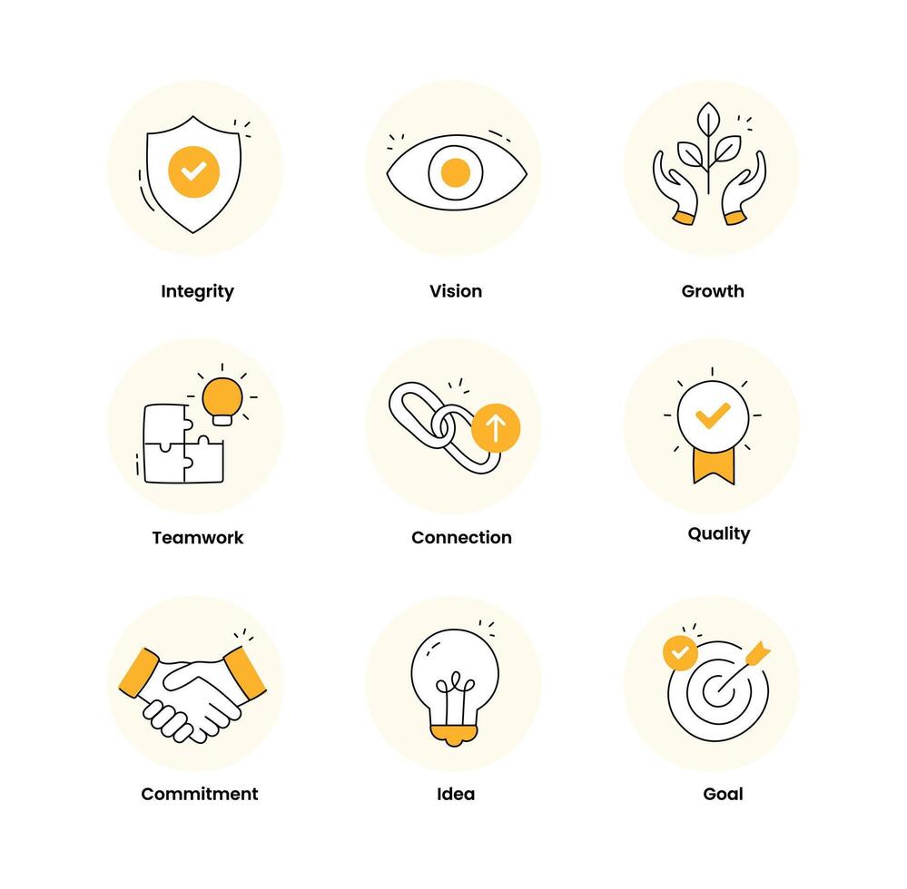 Company Core Value Icons.Values, Principles, Beliefs, Ethical, Ideals, Morals, Standards, Virtues, Philosophy, Guiding principles. vector