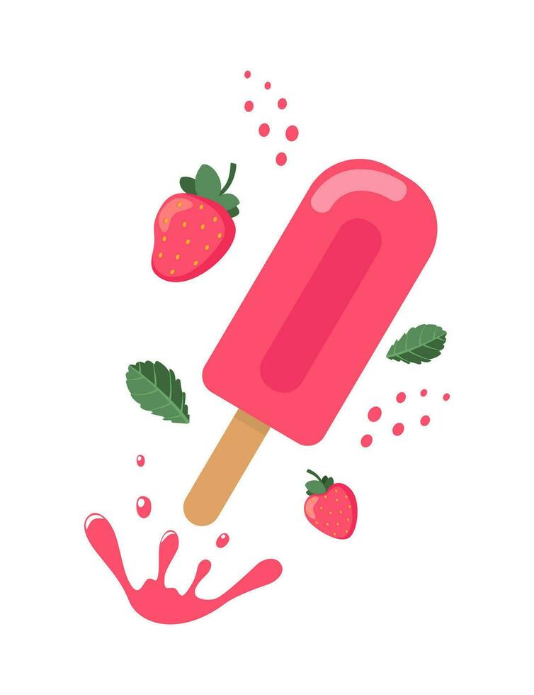 Ice cream strawberry dessert. Dairy product with fresh and ripe strawberry. Vector illustration.