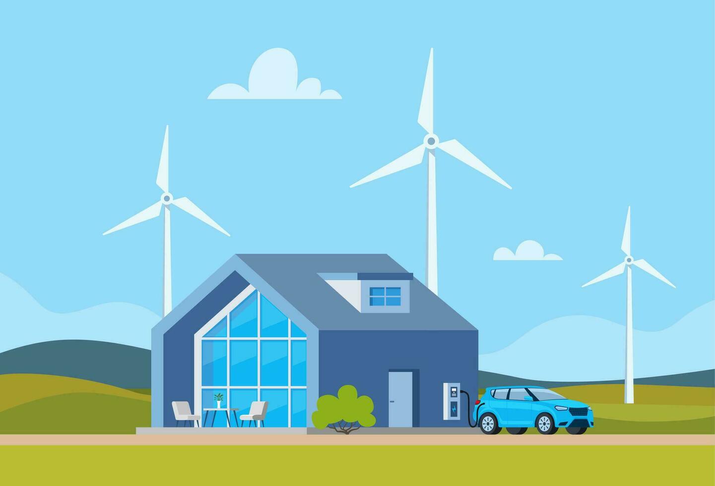 verde energía y eco simpático moderno casa. solar, viento fuerza. eléctrico coche estacionamiento cargando a familia hogar cargador estación. viento turbinas a antecedentes. vector ilustración.