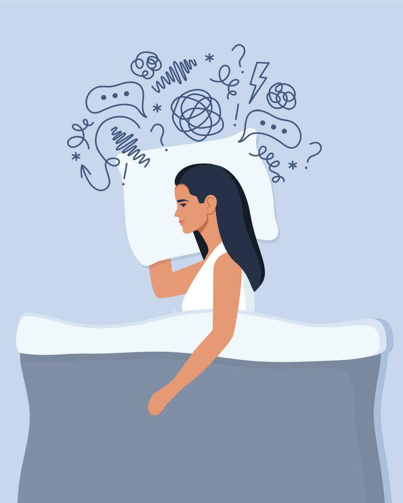 joven mujer mentiras en cama y sufre desde insomnio, depresión, irresoluto problemas. mujer rodeado por corriente de ansioso pensamientos. mental salud, vida crisis. vector ilustración.