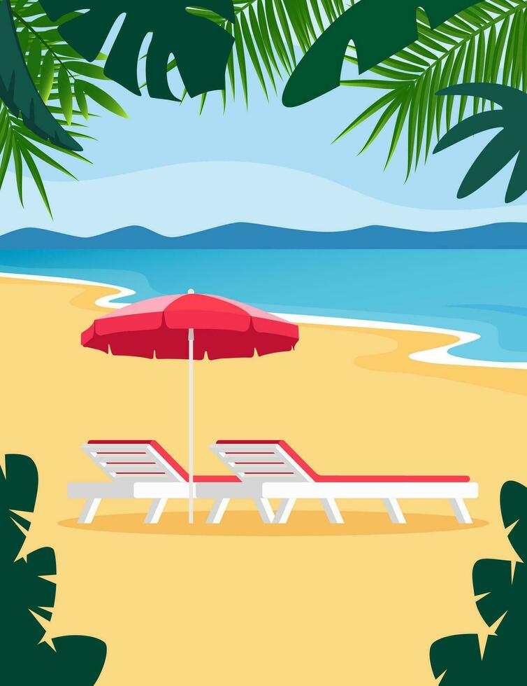 Beach umbrella and Sun lounger. Sunbed with parasol at sand beach. Summer tropical resort with private chaise-longues at seacoast. Empty sun bed at seaside. Vector illustration.