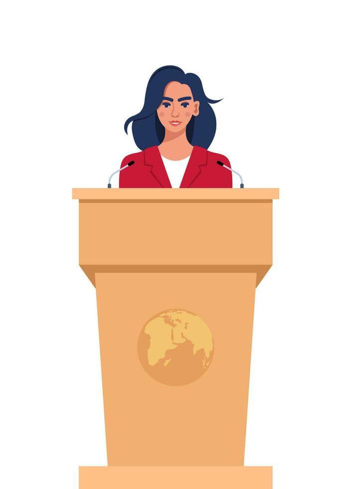 Woman in a business suit stands on a rostrum in front of the microphones. Woman orator speaking from tribune. Vector illustration.