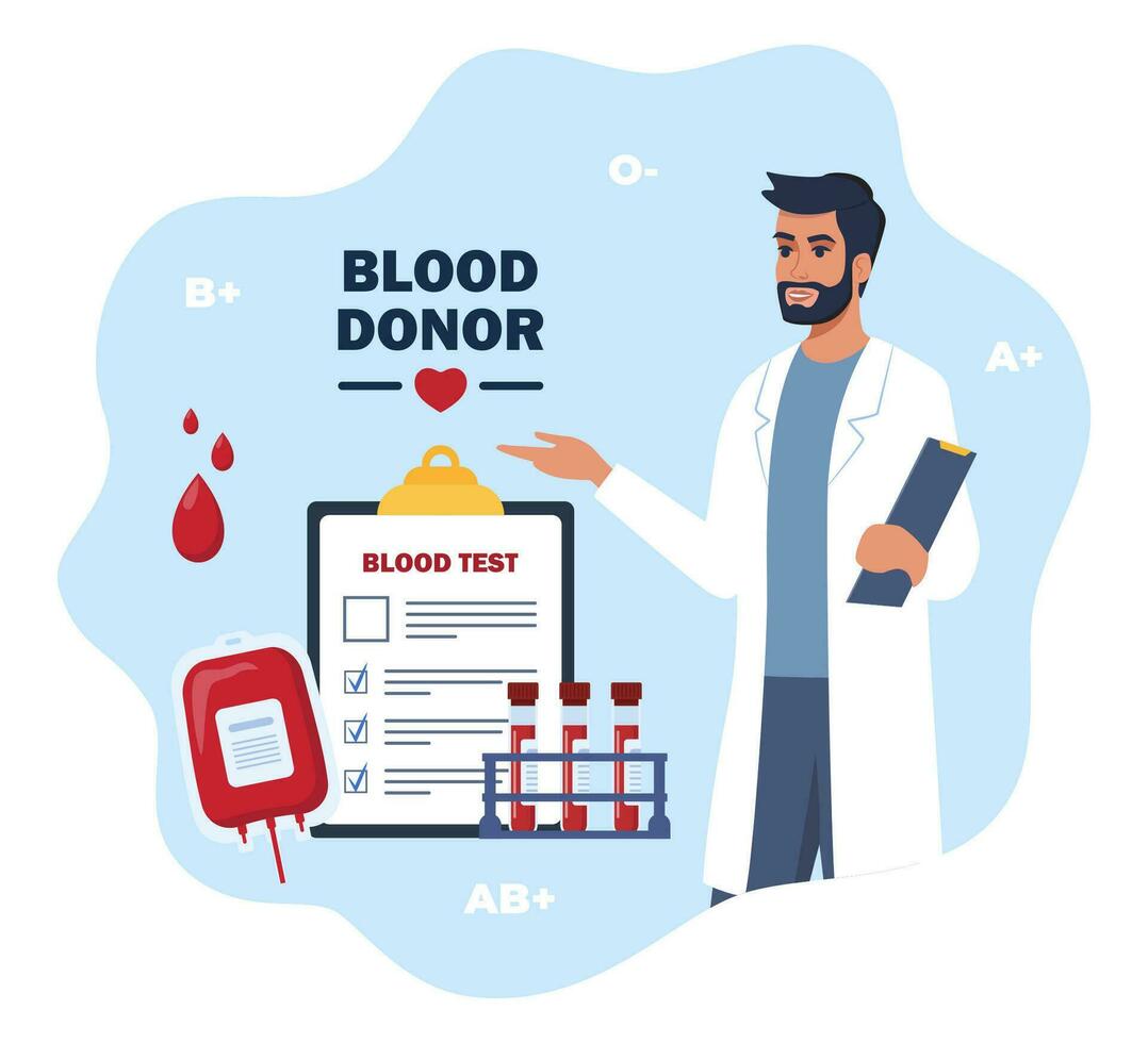 Blood transfusion. Blood donation. Patient blood in test tubes, microscope, exam checklist blank document, blood bag. Man doctor in medical robe. Vector illustration.