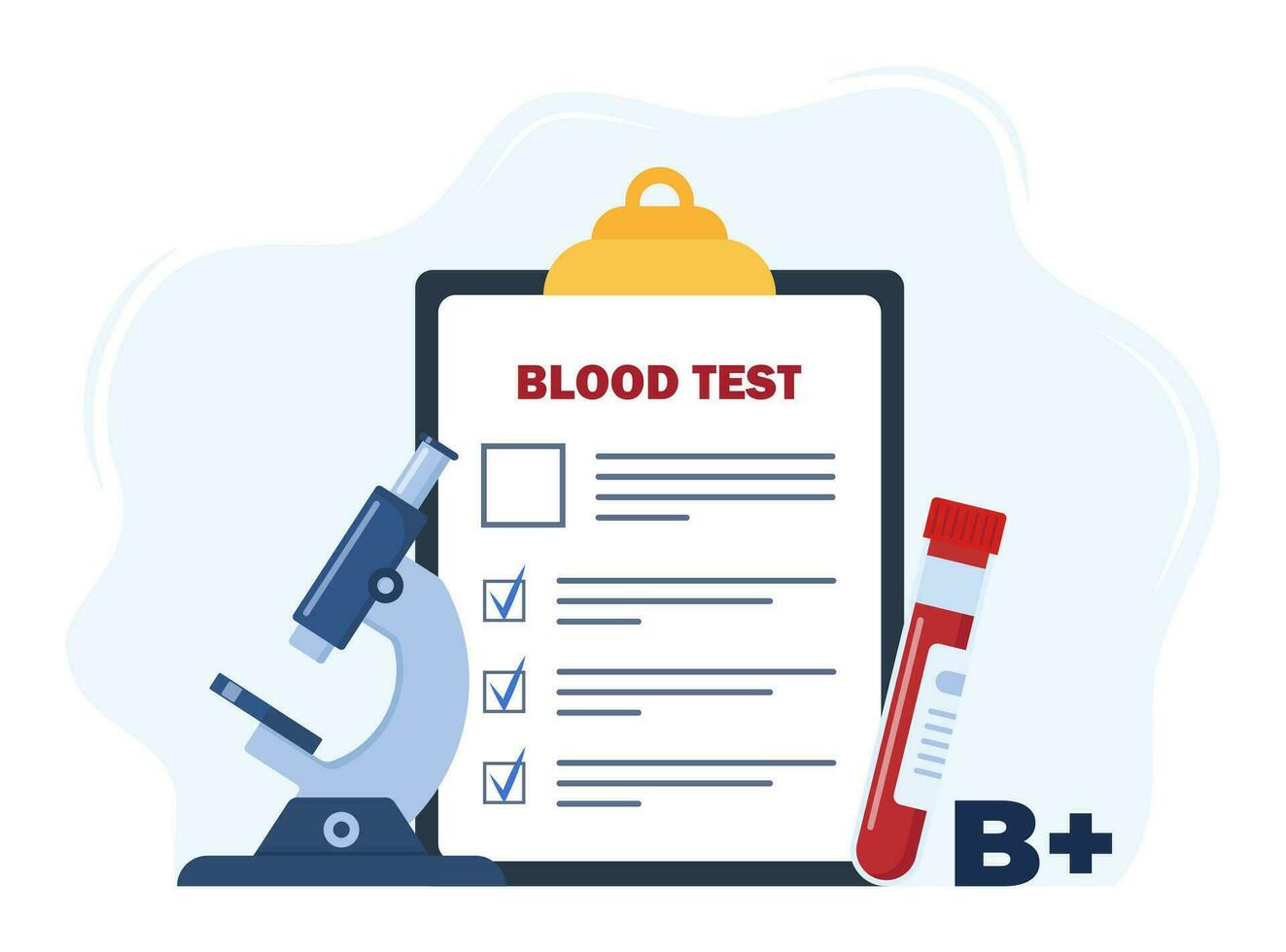análisis a determinar el sangre grupo. médico sangre prueba concepto. paciente sangre en prueba tubos, microscopio, examen Lista de Verificación. vector ilustración.