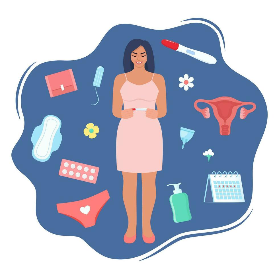 Womans health concept. Menstruation, period, female uterus, reproductive system. Woman, pregnancy test, tampon, calendar, womb, pads, menstrual cup, pants. Vector illustration.