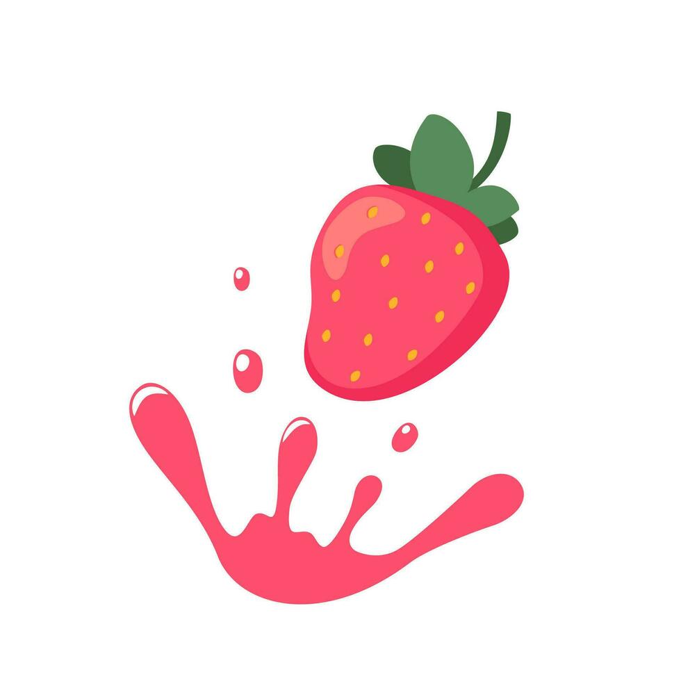 Strawberry in a splash of juice with drops, edible handmade mesh. Natural strawberry. Fresh farm organic berry. Vector illustration.