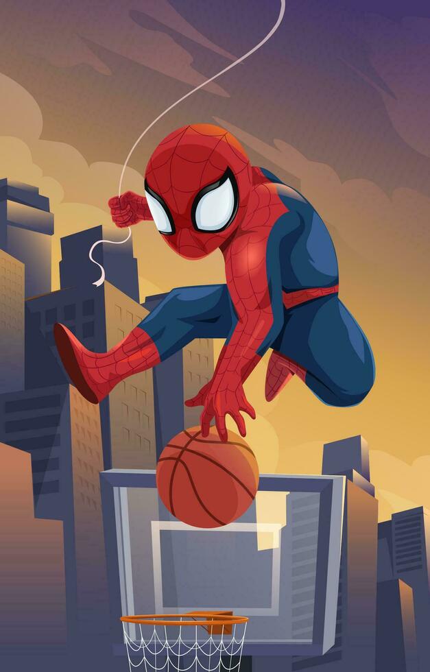 Spider Hero Playing Basket Ball Concept vector