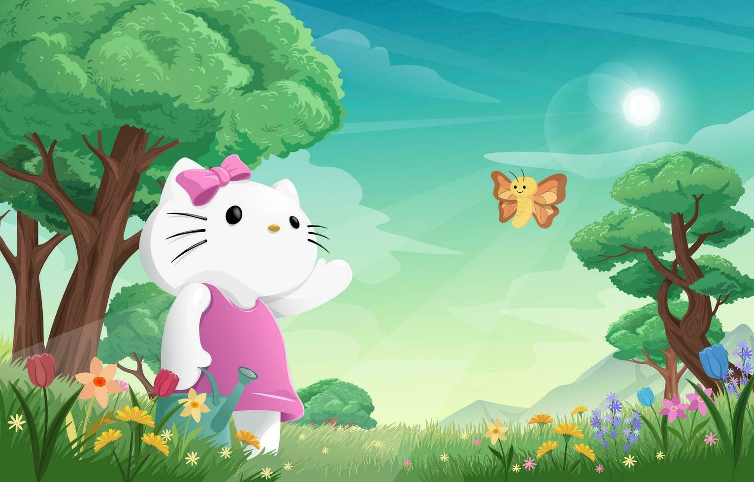 White Cat And Cute Butterfly At Hill Background vector