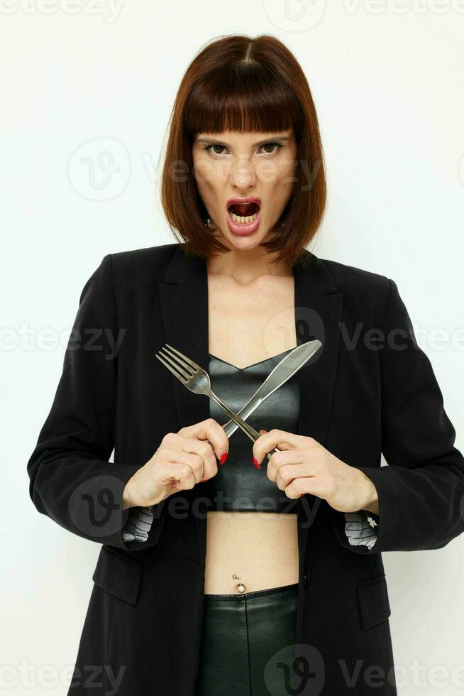 photo pretty woman knife and fork in hands emotions posing isolated background