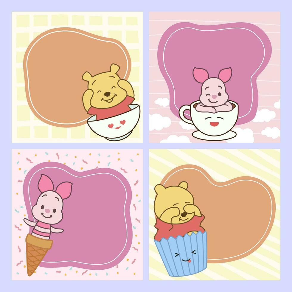 Cute Yellow Bear and Pink Young Pig Social Media Post vector