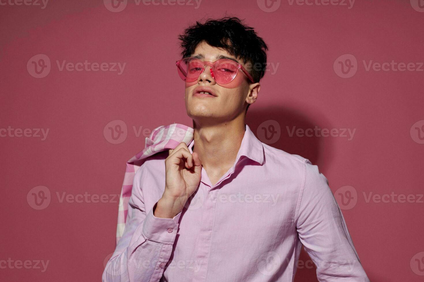 Photo of romantic young boyfriend pink shirt and glasses jacket fashion elegant style Lifestyle unaltered