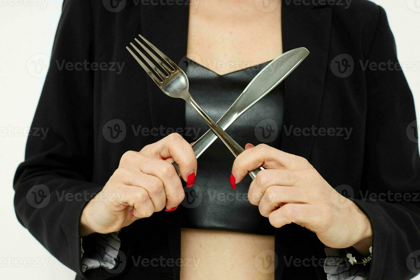 photo pretty woman knife and fork in hands emotions posing isolated background
