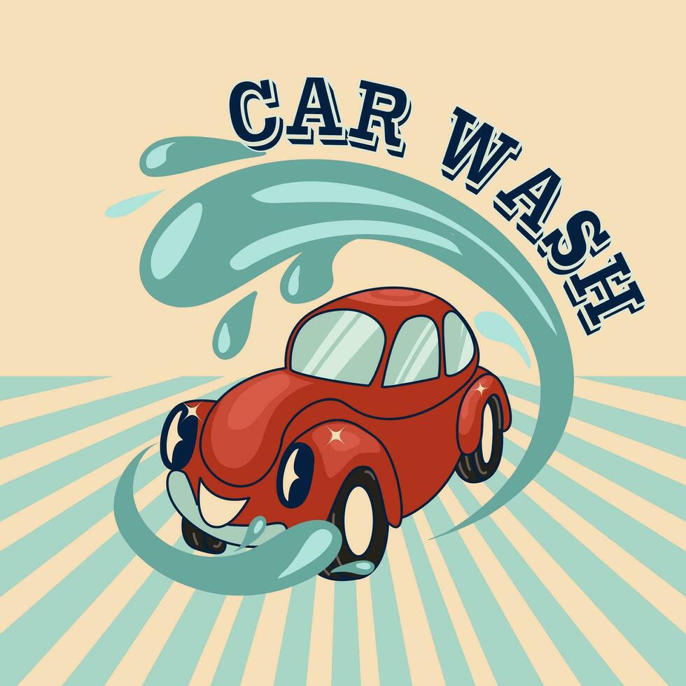 Car wash service retro poster for automatic auto washing station. Vector vintage blue grunge design of modern car and rotating brushes for automobile quality cleaning