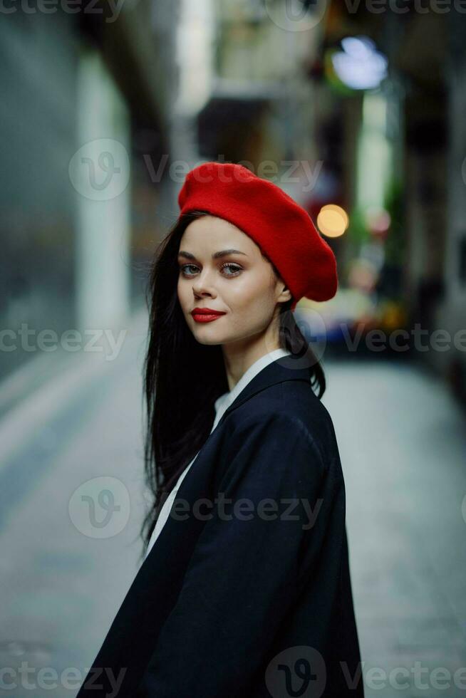 Fashion woman portrait walking tourist in stylish clothes with red lips walking down narrow city street, travel, cinematic color, retro vintage style, dramatic. photo