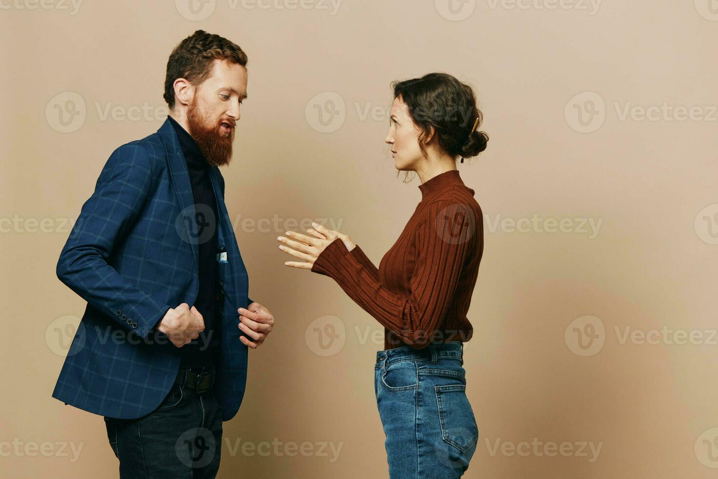 Man and woman couple in a relationship quarrel, yelling, psychological violence in the family, problems in a real relationship between people photo