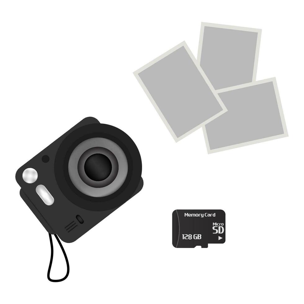 Digital camera set, photo mockup, and camera memory card. Illustration of equipment for documenting photos vector