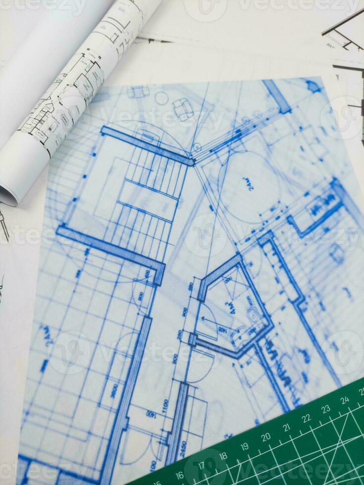 arquitectónico fondo, piso plan dibujo, técnico plan, azul impresión foto