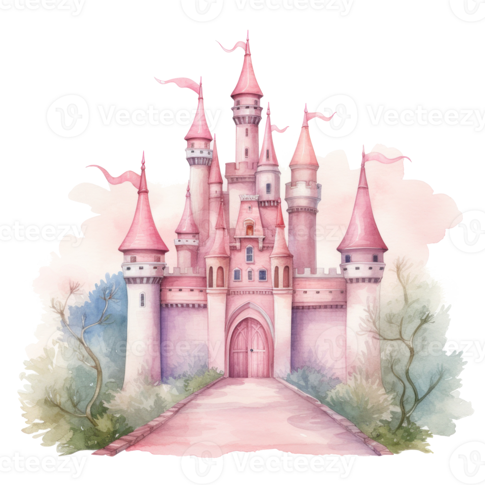 Pink watercolor princess castle isolated. Illustration AI Generative png