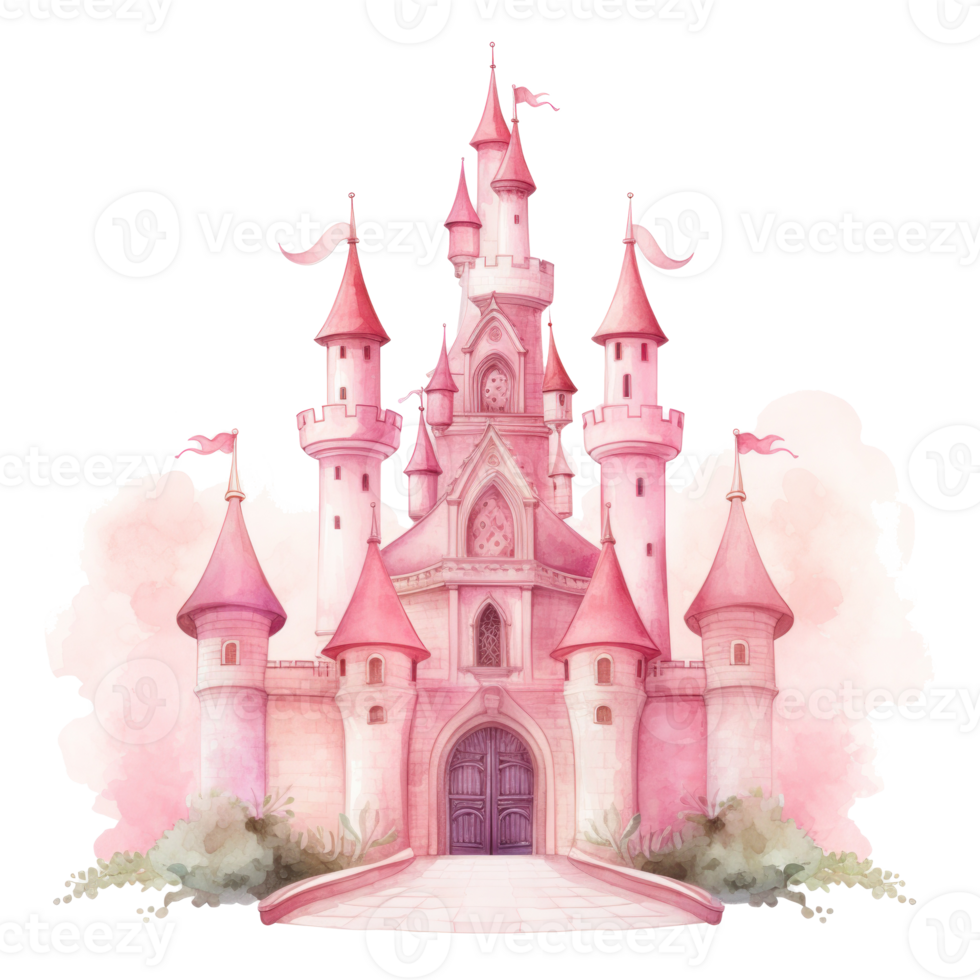 Pink watercolor princess castle isolated. Illustration AI Generative png