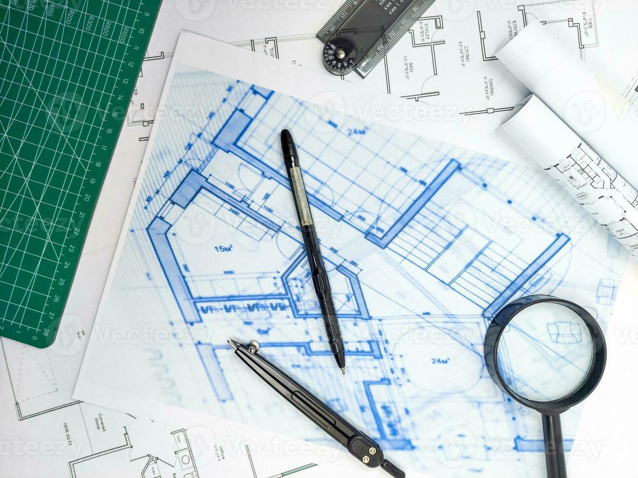 Hands of Engineer working on blueprint. Architecture interior concept. photo