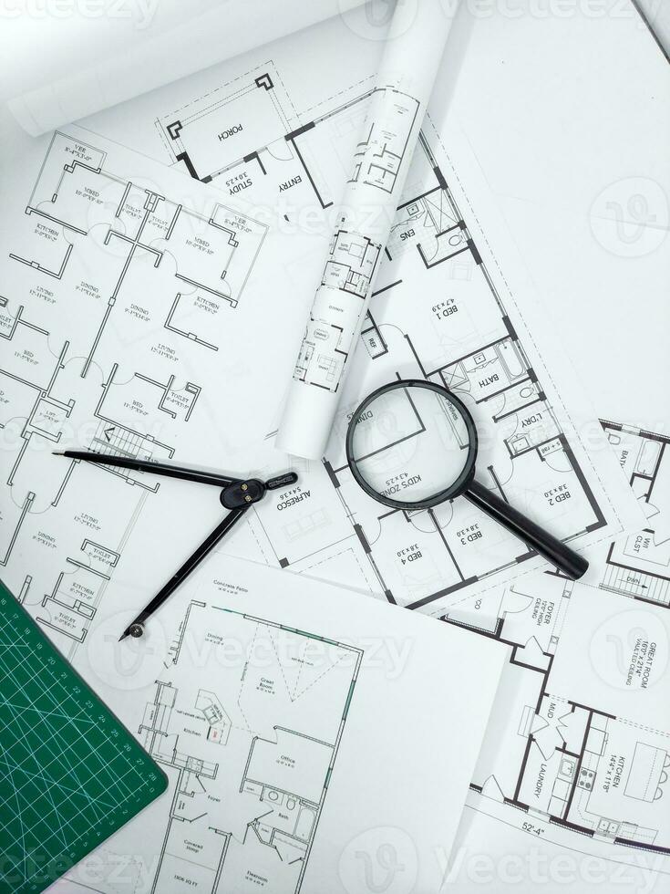 Hands of Engineer working on blueprint. Architecture interior concept. photo