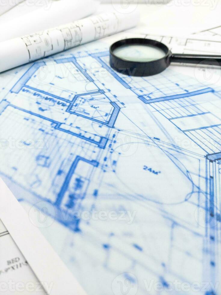 Hands of Engineer working on blueprint. Architecture interior concept. photo