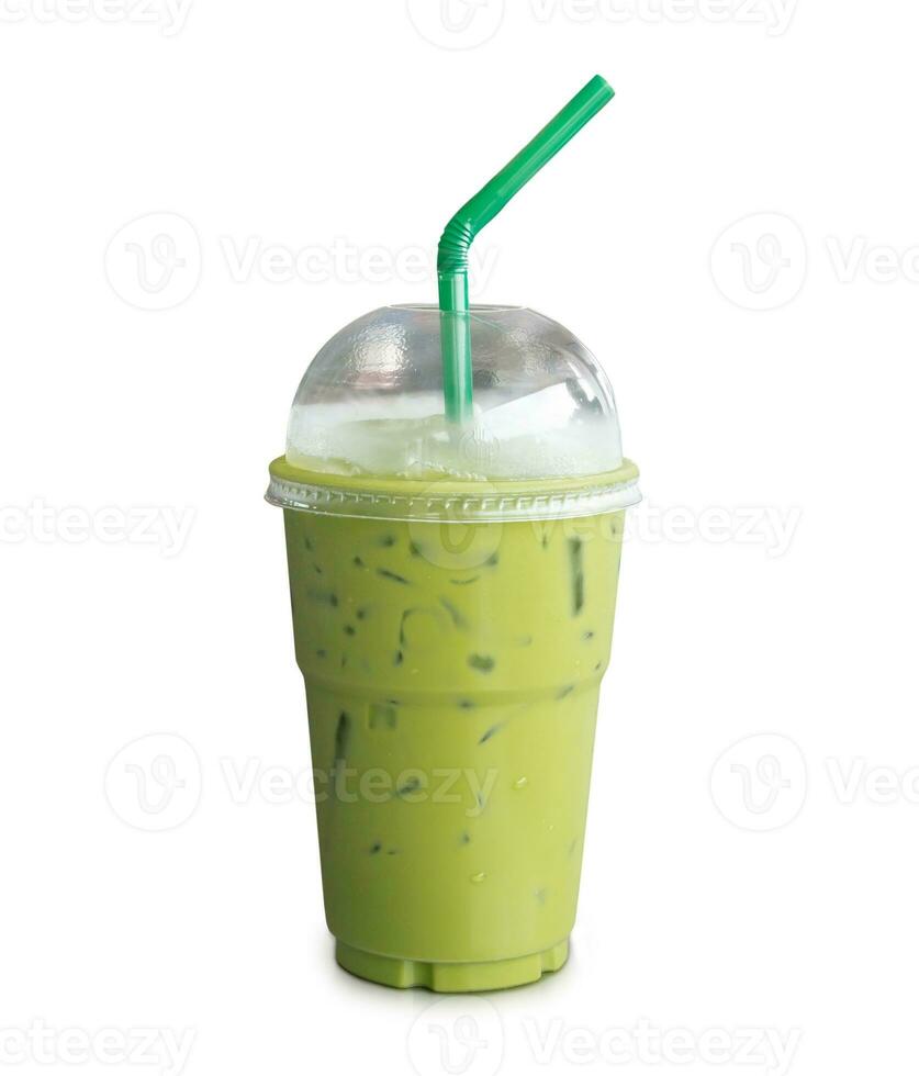 Green tea latte with ice in plastic cup and straw on wooden background.  Homemade Iced Matcha Latte Tea with Milk take away Stock Photo by  ©galitskaya 242393070