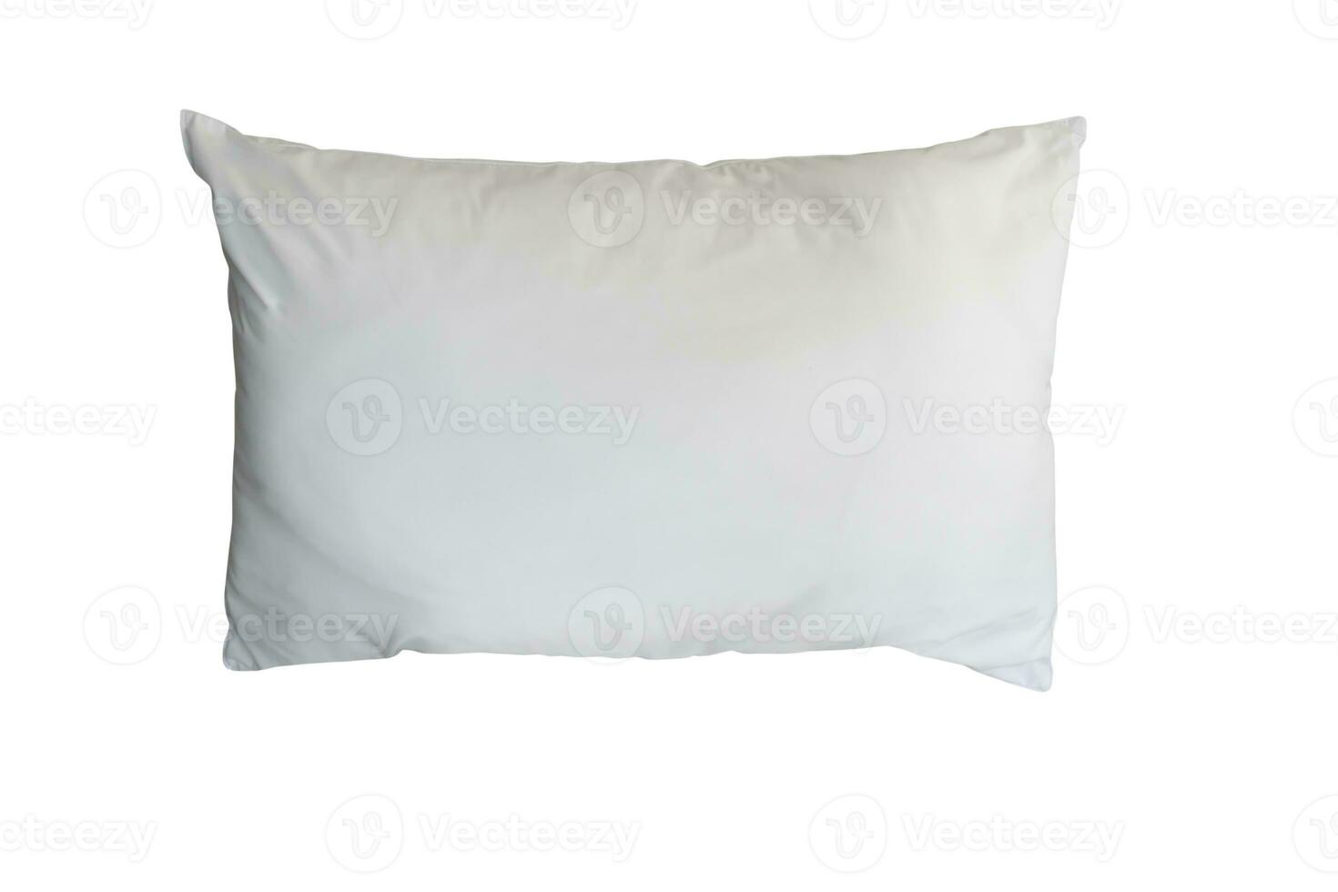 White pillow with case after guest's use at hotel or resort room isolated on white background with clipping path. Concept of confortable and happy sleep in daily life photo