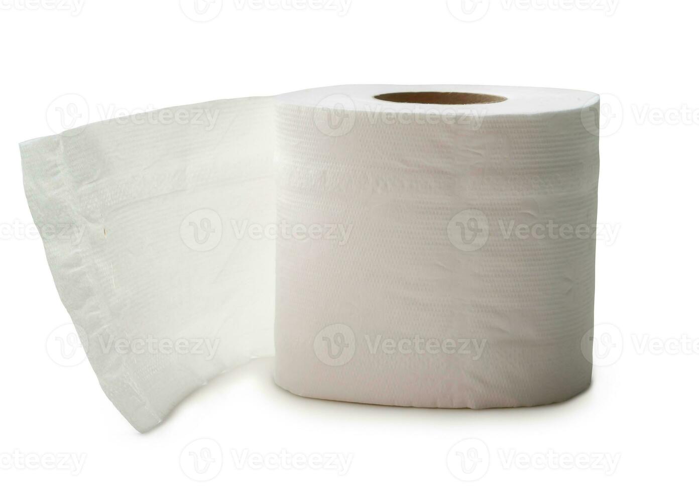 Single roll of white tissue paper or napkin prepared for use in toilet or restroom isolated on white background with clipping path. photo