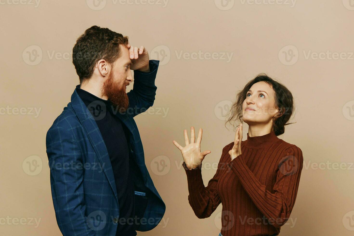 Man and woman couple in a relationship quarrel, yelling, psychological violence in the family, problems in a real relationship between people photo