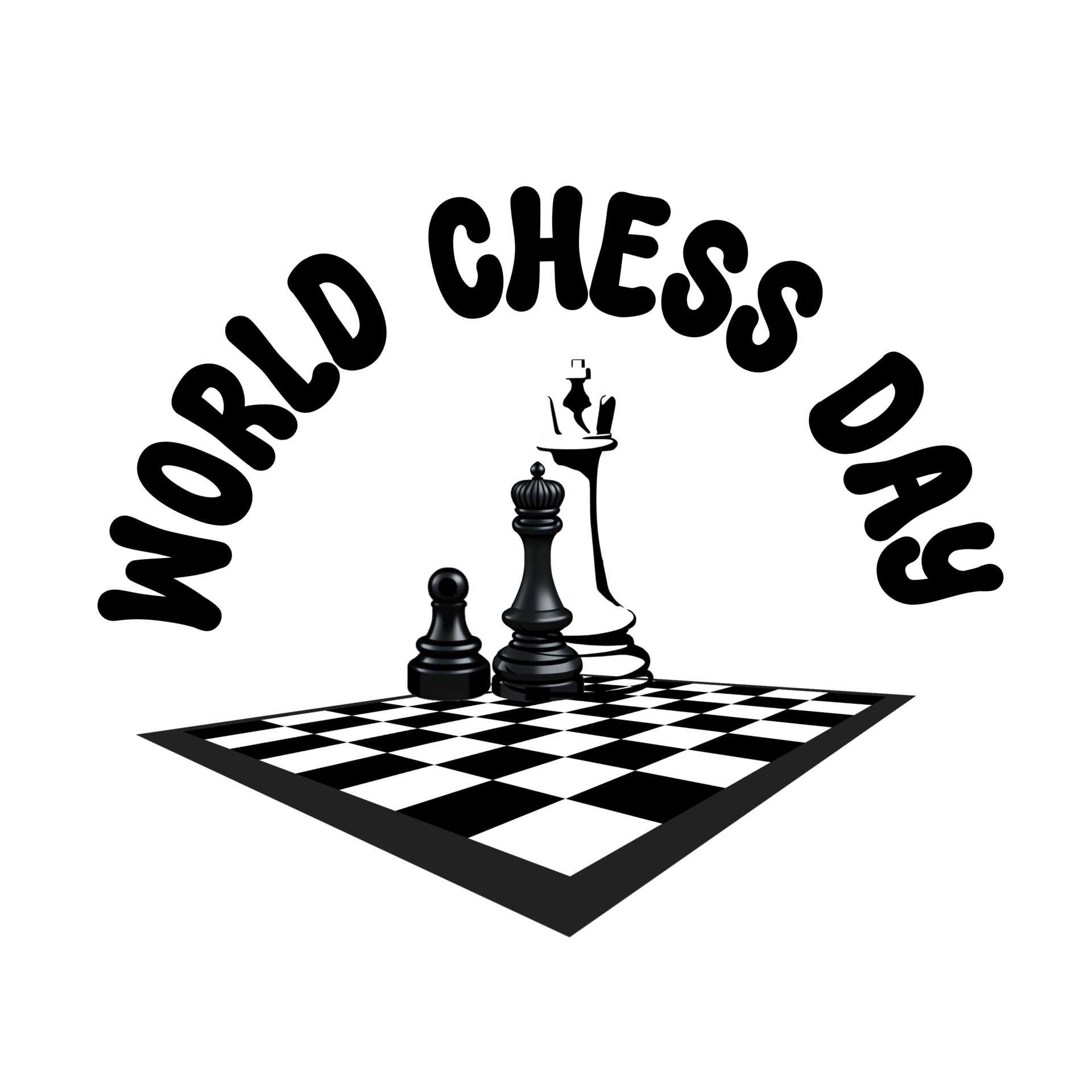 World Chess Day text with chess pieces on chessboard clipart on