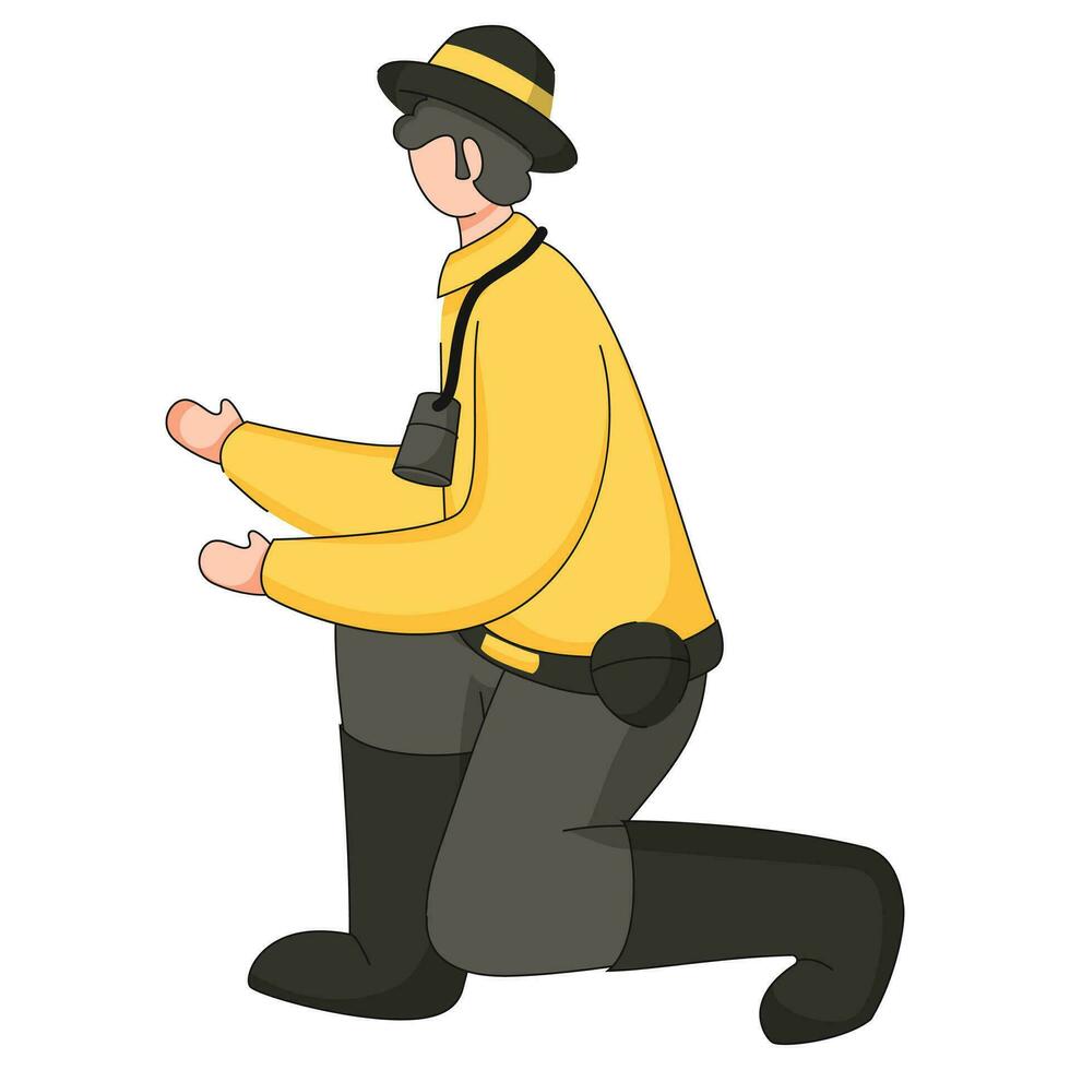 Faceless Man wearing identity card with hat in stylish sitting pose. vector
