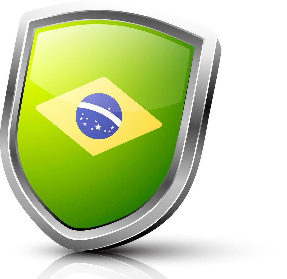 Glossy shield decorated by flag and symbol of Brazil. vector