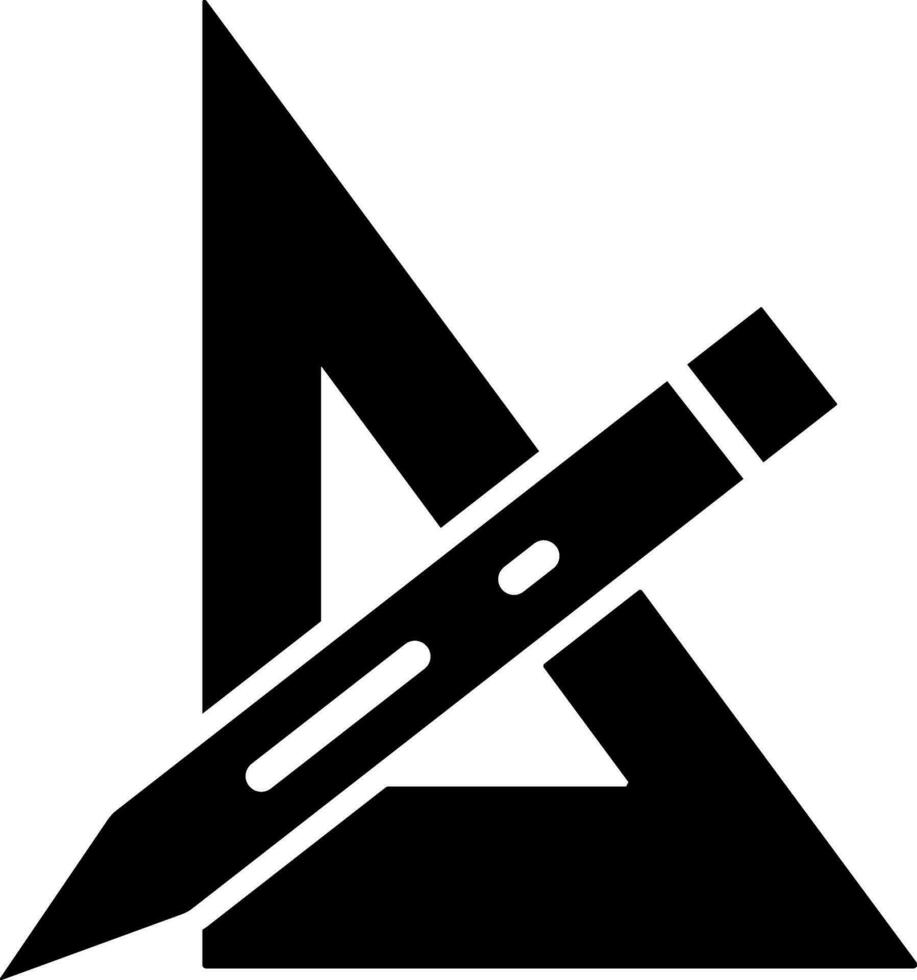 Black and White triangular rular with pencil. Glyph icon or symbol. vector