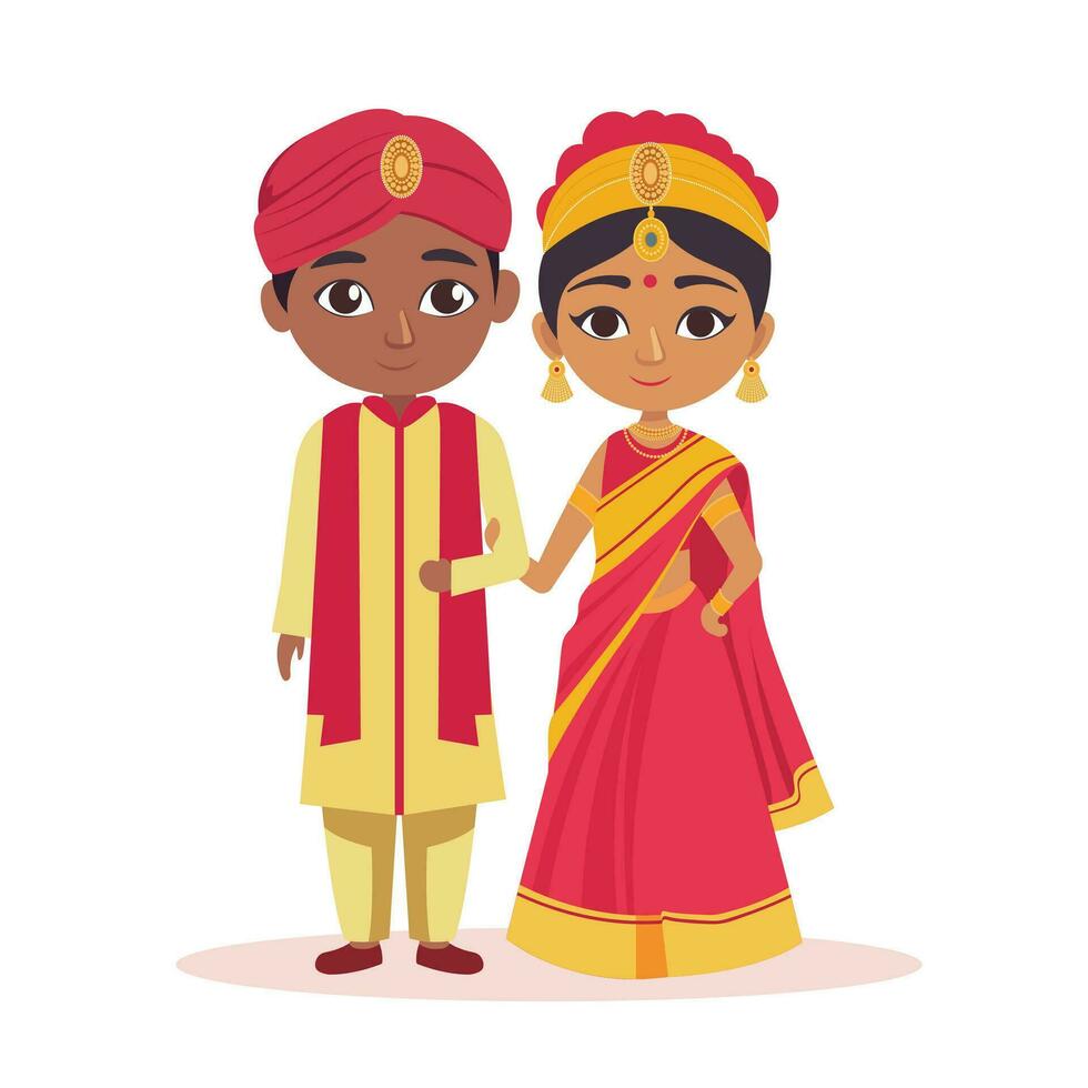 Beautiful Wedding Couple Character Wearing Traditional Attire in Standing Pose. vector