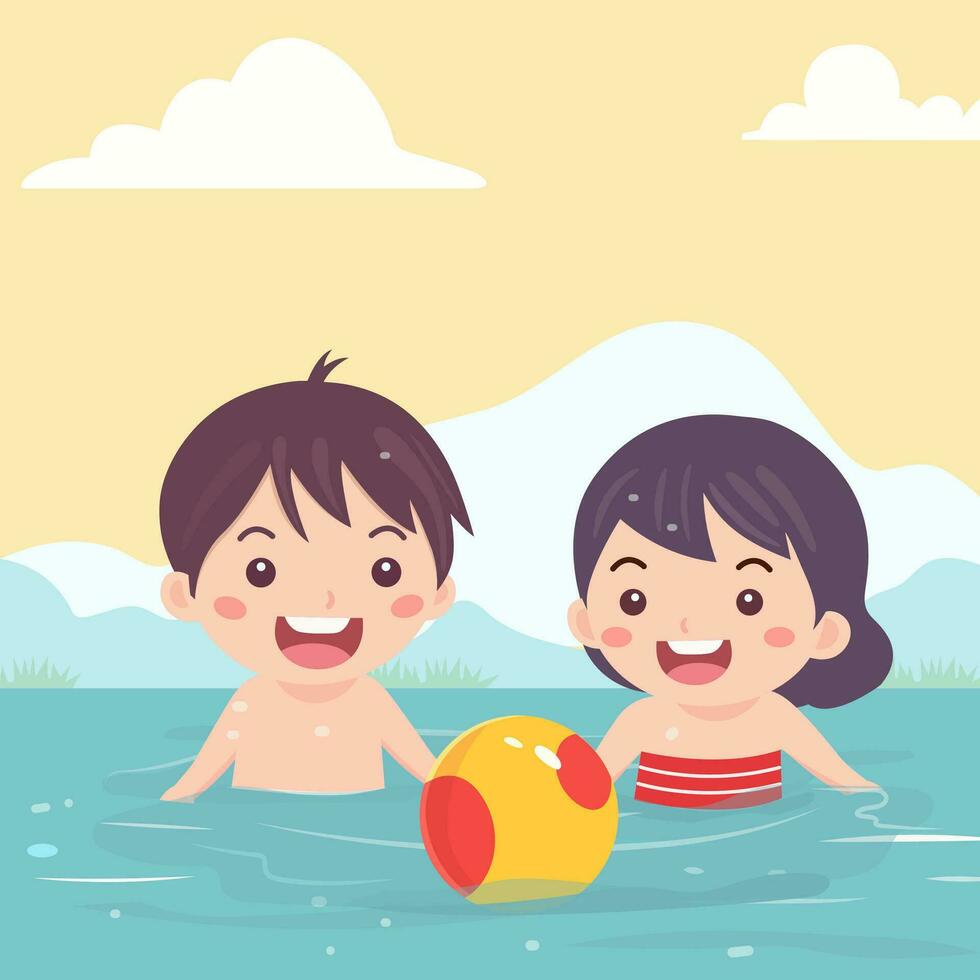 contento chico y niña personaje jugando pelota en agua para piscina fiesta en verano día festivo. vector