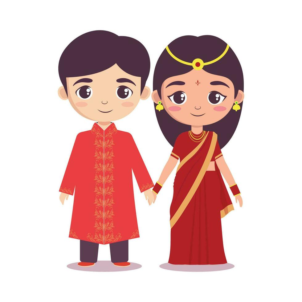 Cute Indian Wedding Couple Wearing Traditional Attire in Standing Pose. vector