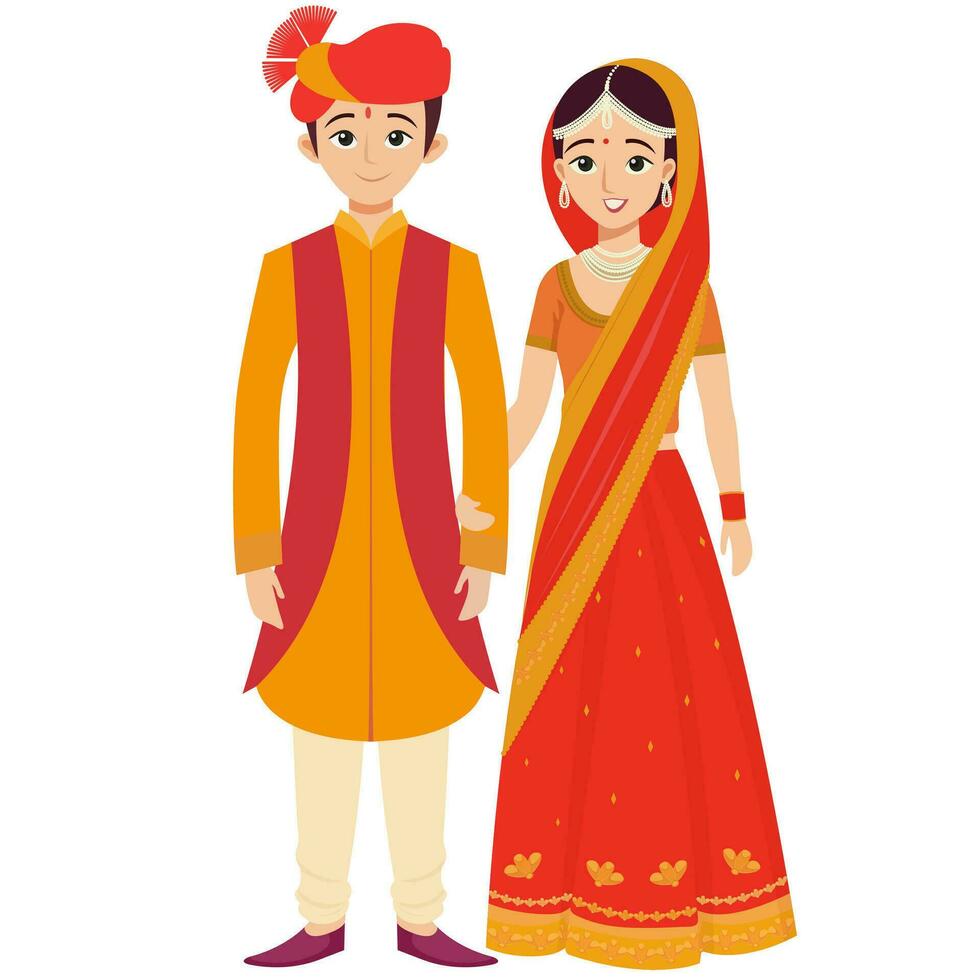 Beautiful Wedding Couple Character Wearing Traditional Attire in Standing Pose. vector