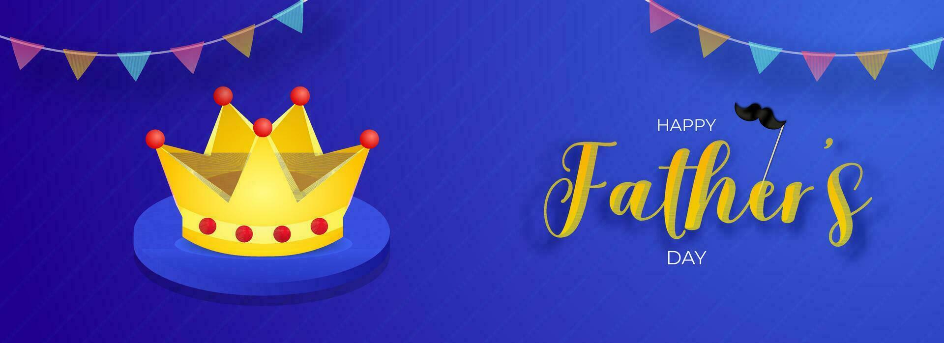 Isolated Golden Crown on Round Podium at Colorful Bunting Flag Decorated Blue Striped Background. Happy Father's Day Award Presenting Header or Banner Design. vector