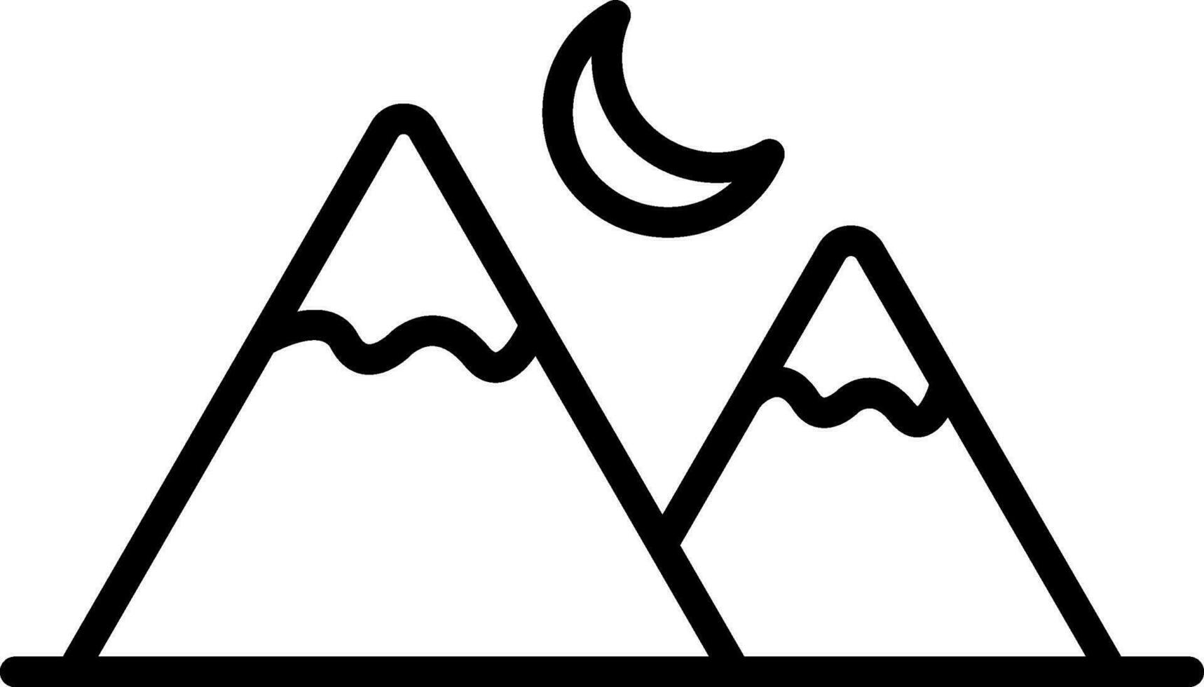 Mountain with Crescent Moon icon in black line art. vector