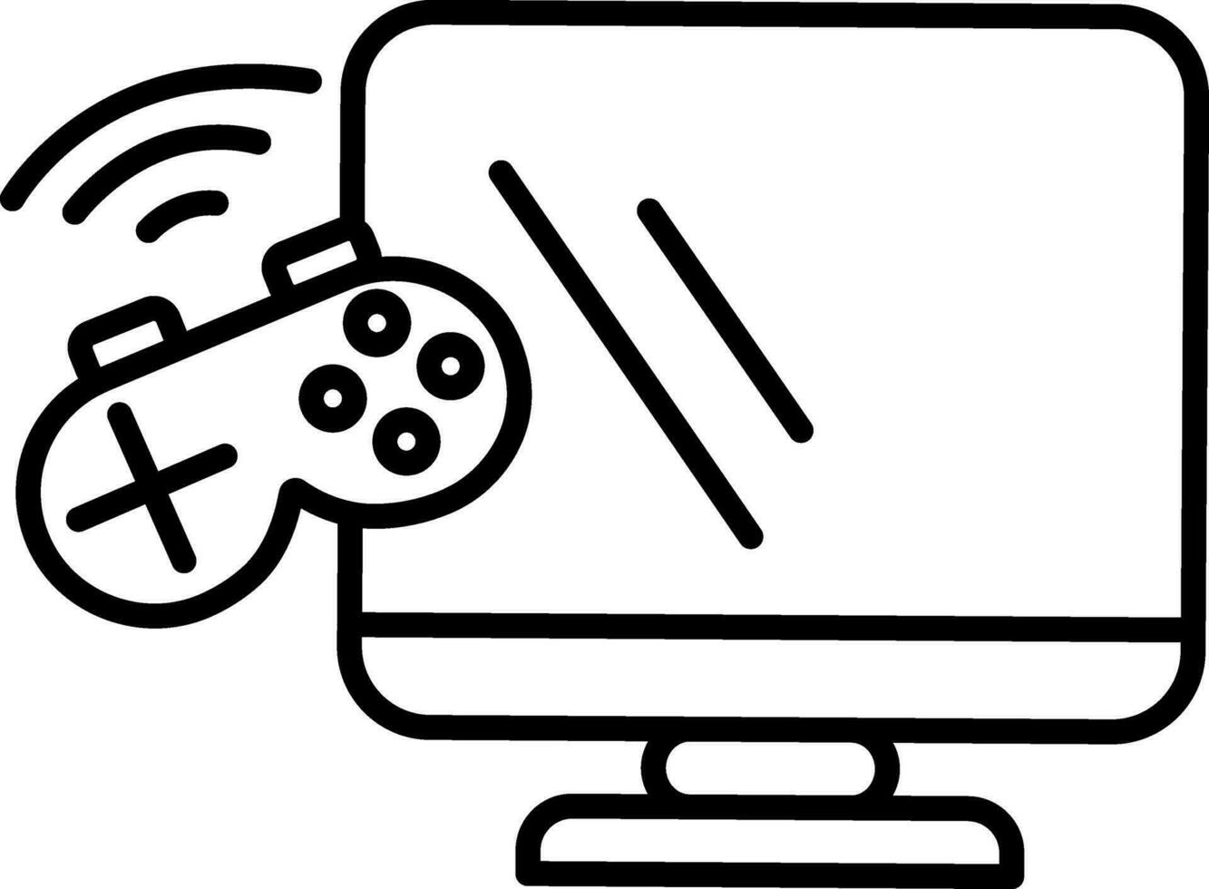 Computer with Gamepad Icon in Black Line Art. vector
