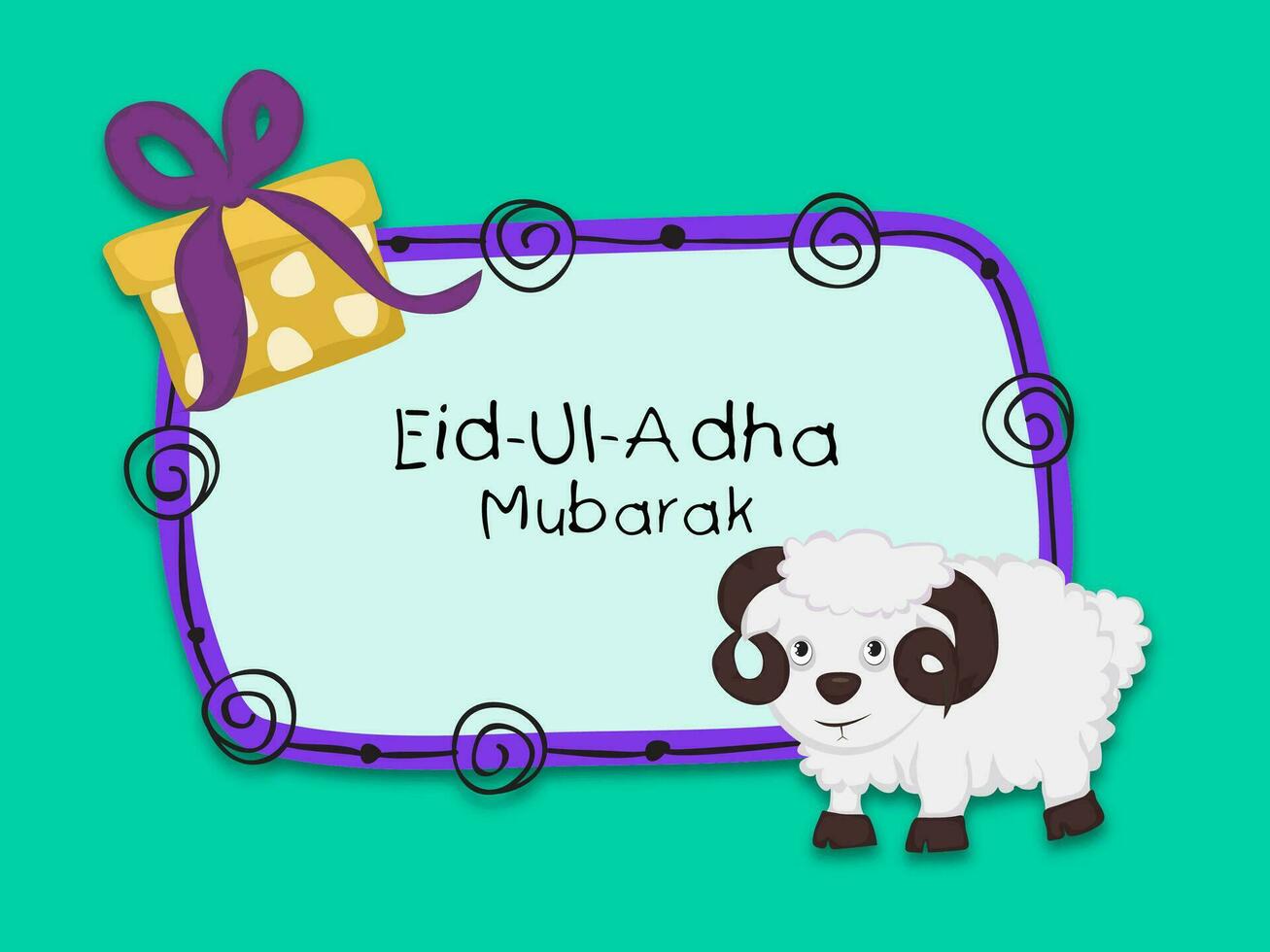 eid-ul-adha Mubarak saludo tarjeta con dibujos animados oveja personaje, regalo caja en verde antecedentes. vector