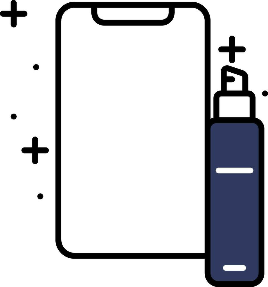 plano estilo teléfono inteligente con desinfectante botella para limpieza icono en azul y blanco color vector