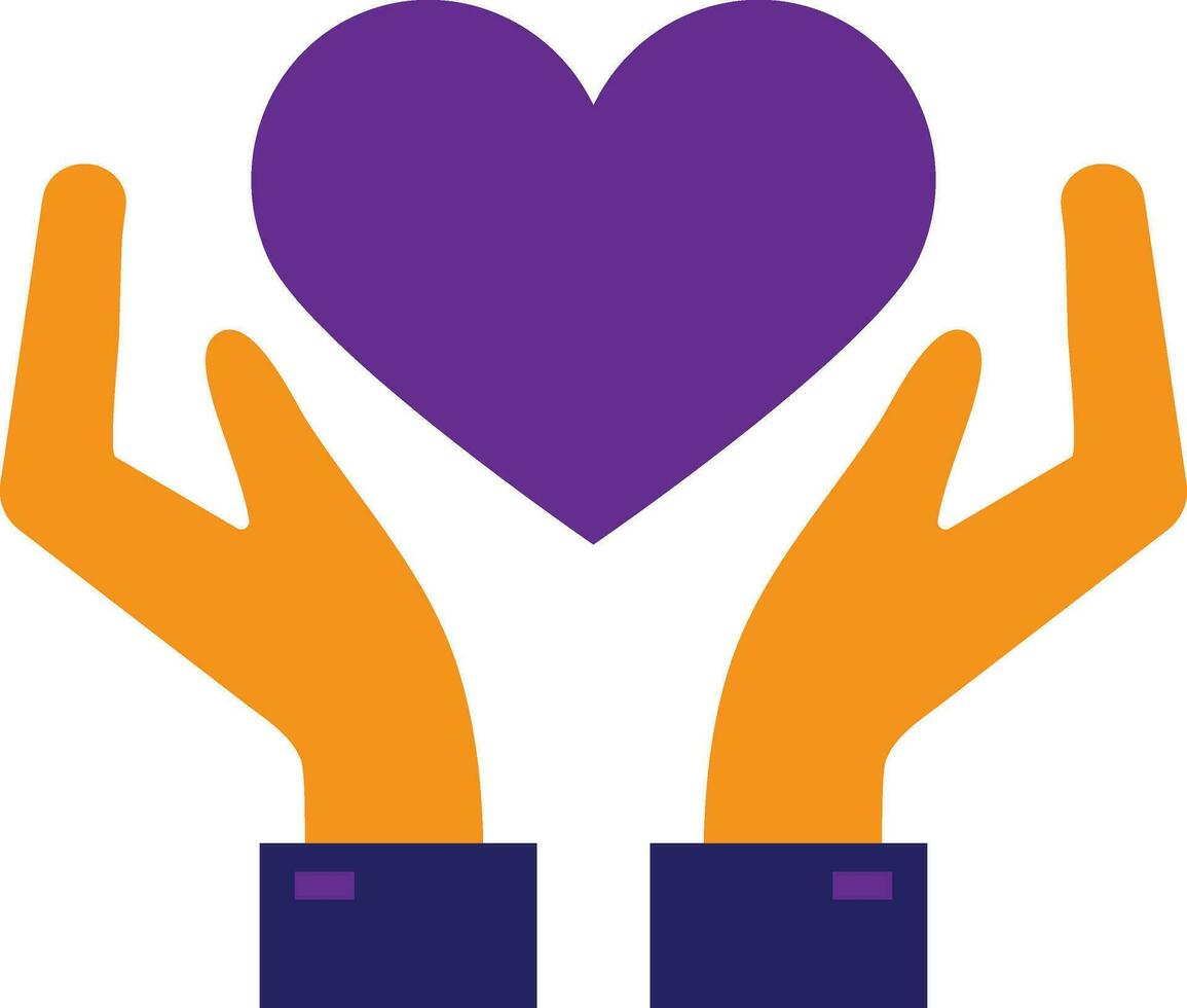 Two orange hands carefully protecting a purple heart. vector