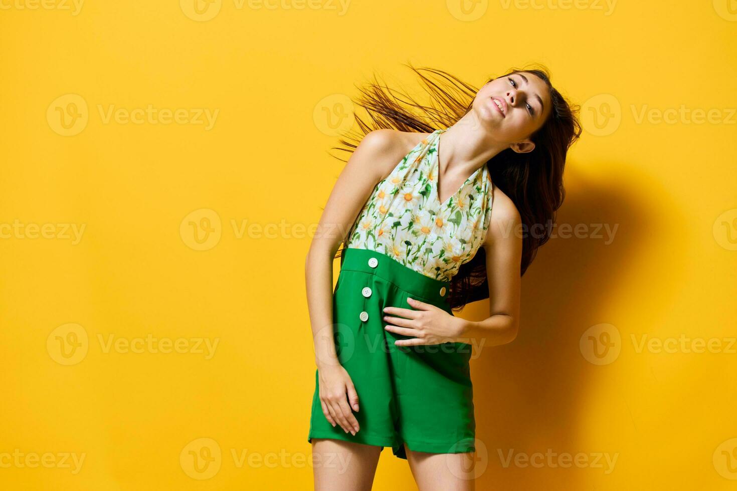 woman happy brunet trendy style emotion fashion young beautiful stylish yellow photo