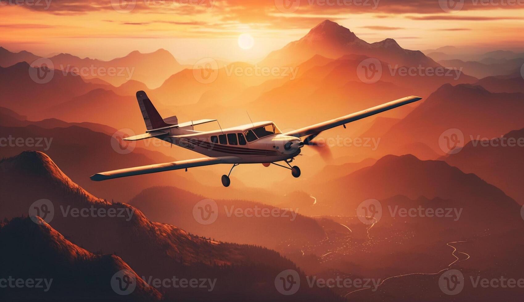 Airplane flying over mountain range at sunset generated by AI photo