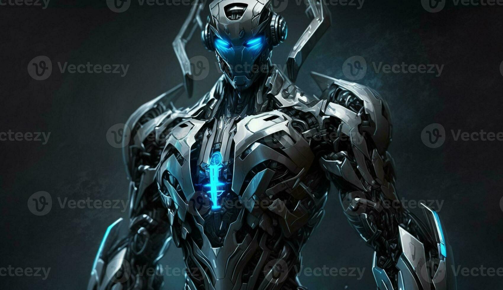 Futuristic robotic cyborg with metallic torso and blue robotic arm generated by AI photo