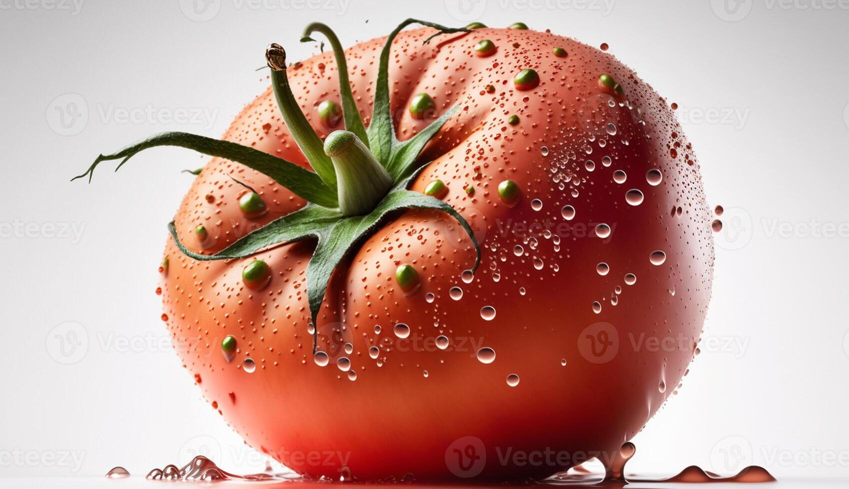 Close up of fresh ripe tomato with water drops generated by AI photo