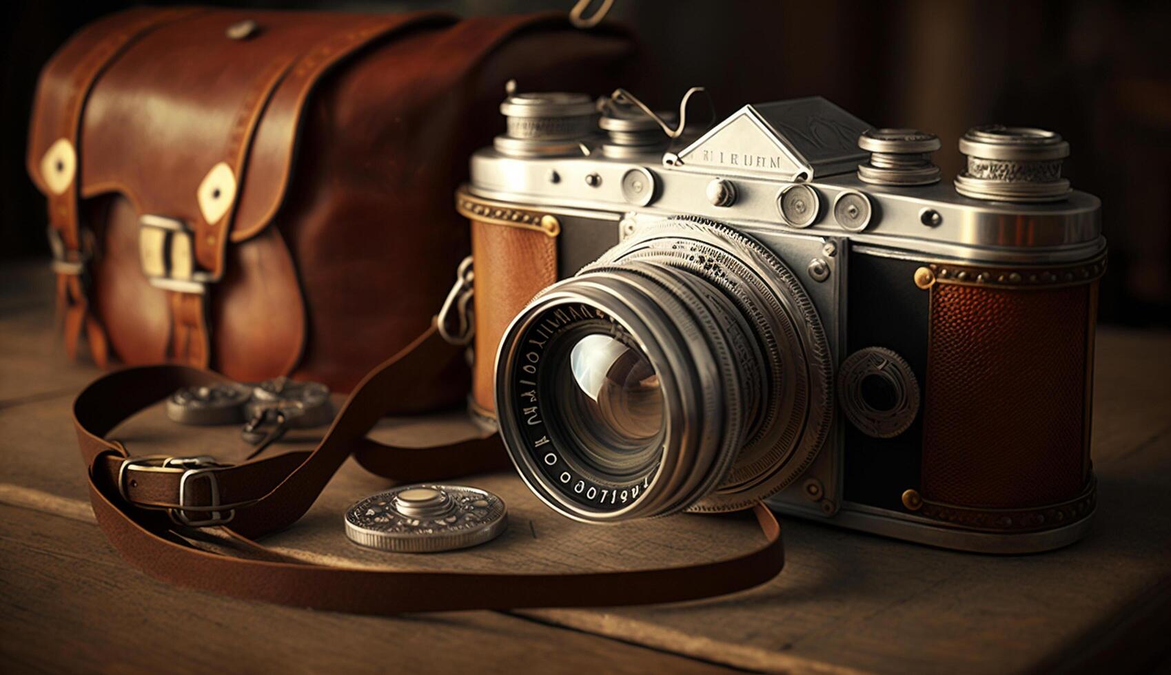 Old fashioned camera sits on wooden table timeless elegance generated by AI photo